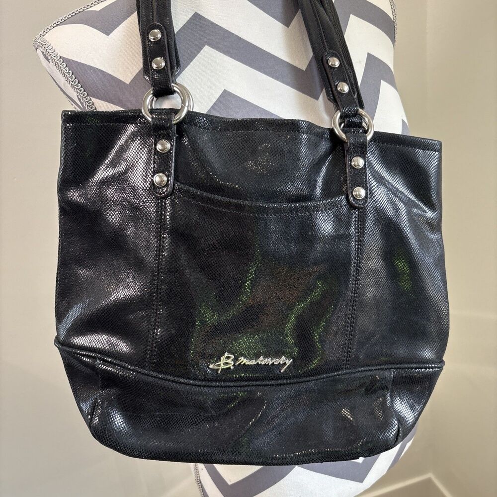 B Makowsky Black Faux Snakeskin Leather Tote Handbag A212545